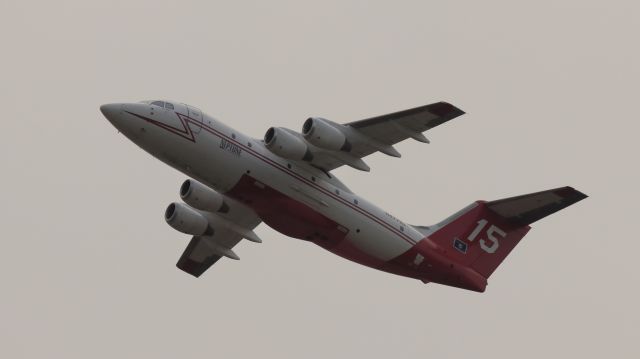 British Aerospace BAe-146-200 (N477NA) - Tanker 15 enroute to the El Dorado Fire late afternoon in a smoke overcast sky (9-10-2020)