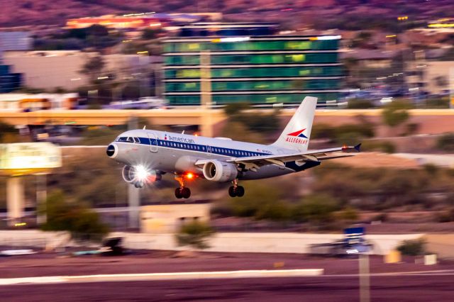 Airbus A319 (N745VJ) - American Airlines A319 in Allegheny retro livery landing at PHX on 12/9/22. Taken with a Canon R7 and Tamron 70-200 G2 lens.