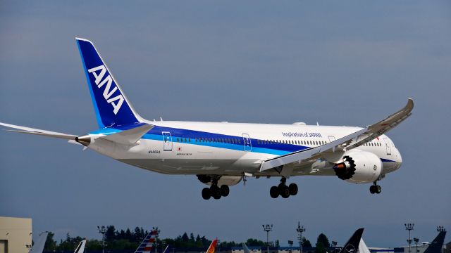 Boeing 787-9 Dreamliner (JA935A) - BOE453 on short final to Rwy 16R to complete a flight test on 8.19.22. (B787-9 / ln 1091 / cn 66533).  The aircraft is using temporary reg #N880BA.