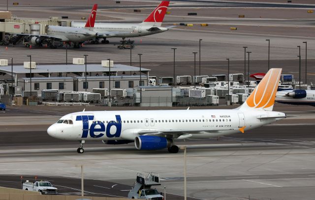 Airbus A320 (N452UA) - KPHX - TED A320 on the roll to the Terminal after landing on the north runways at Phoenix.