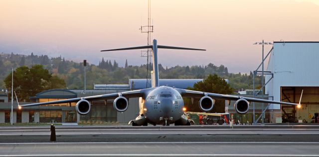 Boeing Globemaster III — - The same McChord Globemaster seen in my previous post after unloading a Whitehawk helicopter that would be used to provide a "background" for President Trump during his campaign rally in Carson City. This shot was taken as the C-17 taxied off the NevANG ramp to come over to the Atlantic Aviation ramp where I was standing.