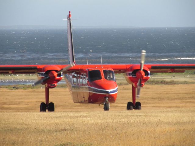 VP-FBN — - Bravo November 1st Flight taxis on the grass strip at Carcass Island (CCI)