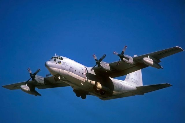 Lockheed C-130 Hercules (14-9800) - Marine Lockheed KC-130F Hercules BuNo149800 from the Marine Aerial Refueling Transport Squadron VMGR 352 "The Raiders" based at MCAS Miramar on approach to land at Air Force Plant 42 in Palmdale, California on November 22, 2000.