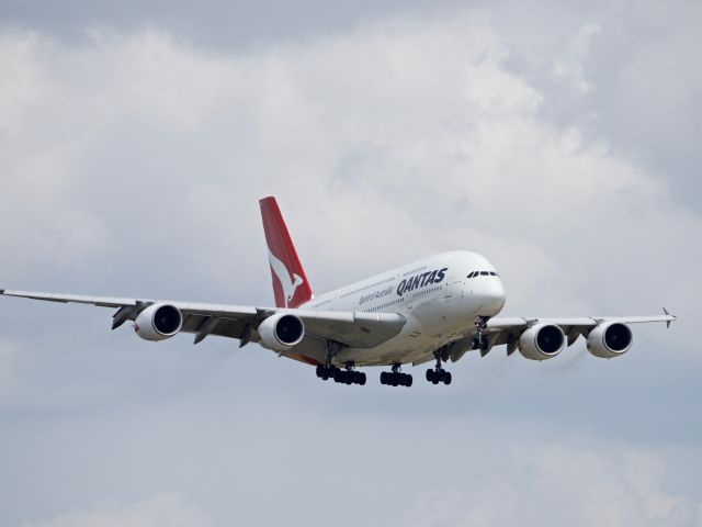 Airbus A380-800 (VH-OQL) - Airbus A380 landing to DFW airport. Taken at Founders Plaza Observation Station.