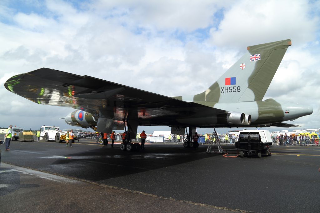 — — - Ground crews prepare the Avro Vulcan to be relocated from static display park to the flightline.