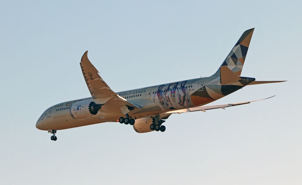 Boeing 787-8 (A6-BLG) - Etihad B787 with Special Olympics livery ready to land in Athens for special ceremony for the Olympic Flame relay.