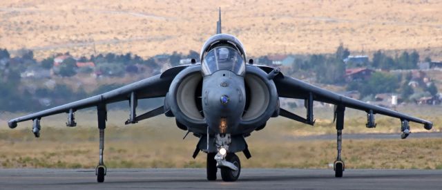 Boeing Harrier (16-3868) - Turning toward the ramp after an afternoon performance, a VMA-311 "Tomcats" AV-8B Harrier (MCAS Yuma) is briefly headon to me.