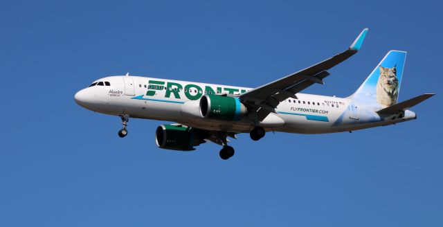 Airbus A320neo (N337FR) - On final is this Frontier Airlines Airbus A320-251N in the Winter of 2020 while "Hunter" the Bobcat watches for prey. 