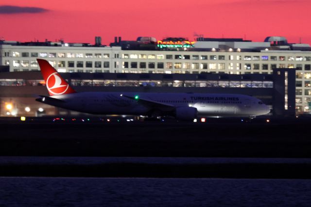 Boeing 787-9 Dreamliner (TC-LLF) - Turkish B789 arrival to BOS at dusk under a beautiful pink sky.