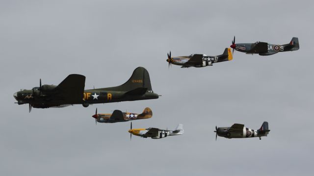 — — - VE Day Anniversary Air Show Duxford 23 May 2015. B-17 (Sally B) 2 P-51Ds, TF-51D, Curtiss P-40F Warhawk and a Grumman FM-2 Wildcat