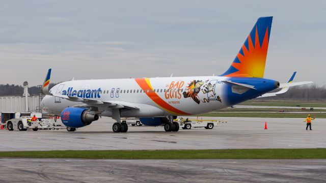 Airbus A320 (N205NV) - An Allegiant A320 gets a push back from gate 9 at KSBN wearing the The Bad Guys Livery. 4/22/22