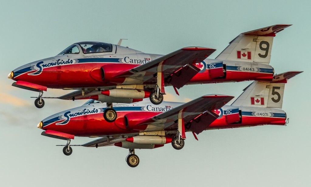 Canadair CL-41 Tutor (11-4143) - Two more Snowbirds arriving at YYZ on the eve of their flyover of the Raptors parade, waning light