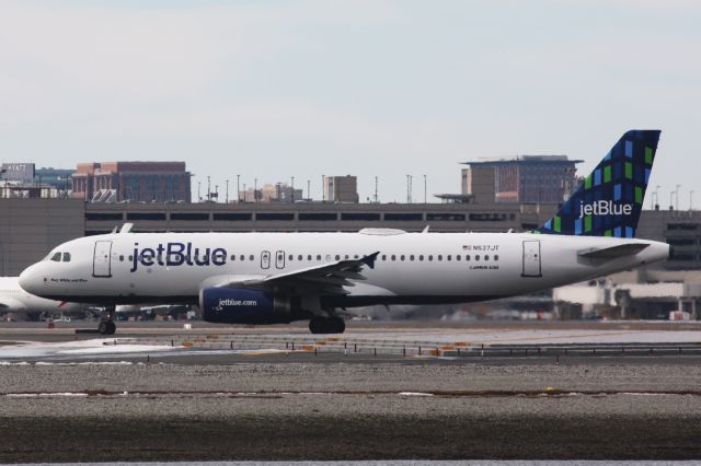 Airbus A320 (N537JT) - Jet Blues newest tail Red, White & Blue departs Boston Logan on 02/19/17.