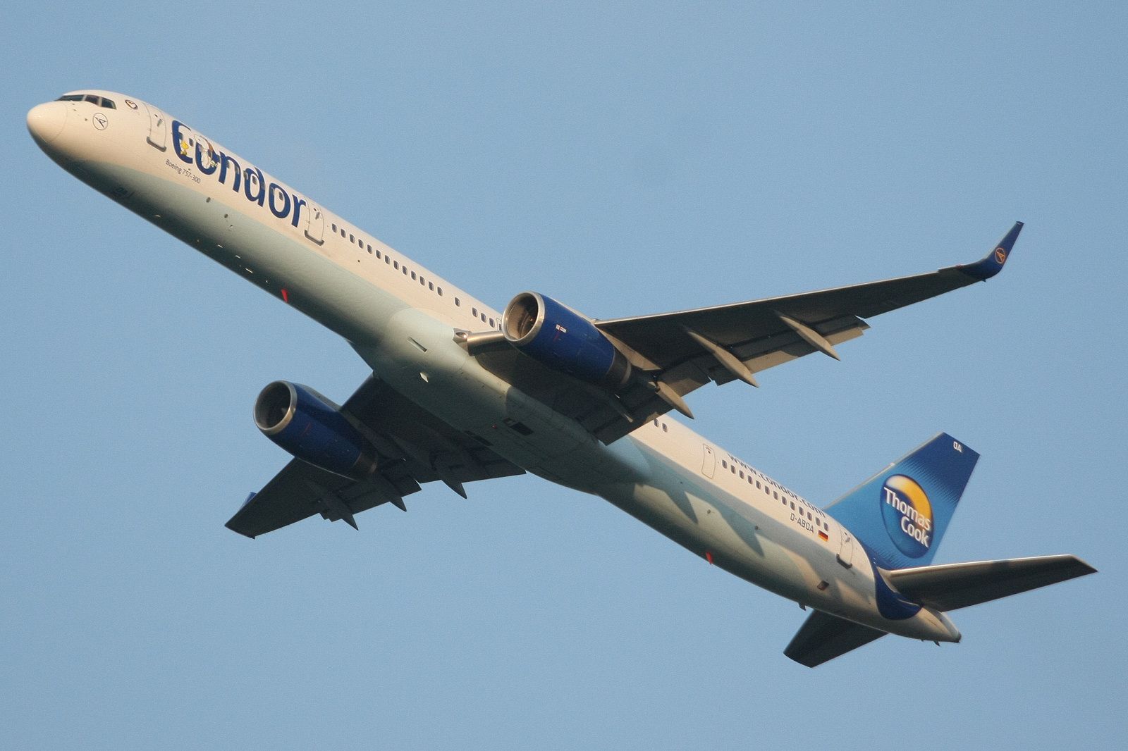 BOEING 757-300 (D-ABOA) - A Condor moment as a Thomas Cook Germany (aka Condor) stretched 757 makes an evening departure.  Note the Snoopy logo hidden in the titles.