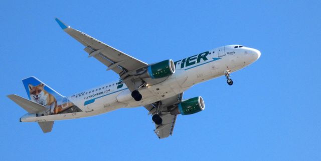 Airbus A320 (N229FR) - On short final is this 2013 Frontier Airlines Airbus 320-214 with "Peachy the Fox" livery enjoying the return to ground in the Winter of 2022.