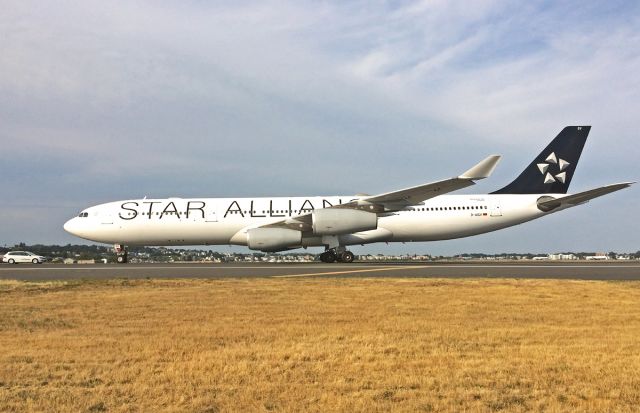 Airbus A340-300 (D-AIGV) - WX diversion from Philly parked on 15R 