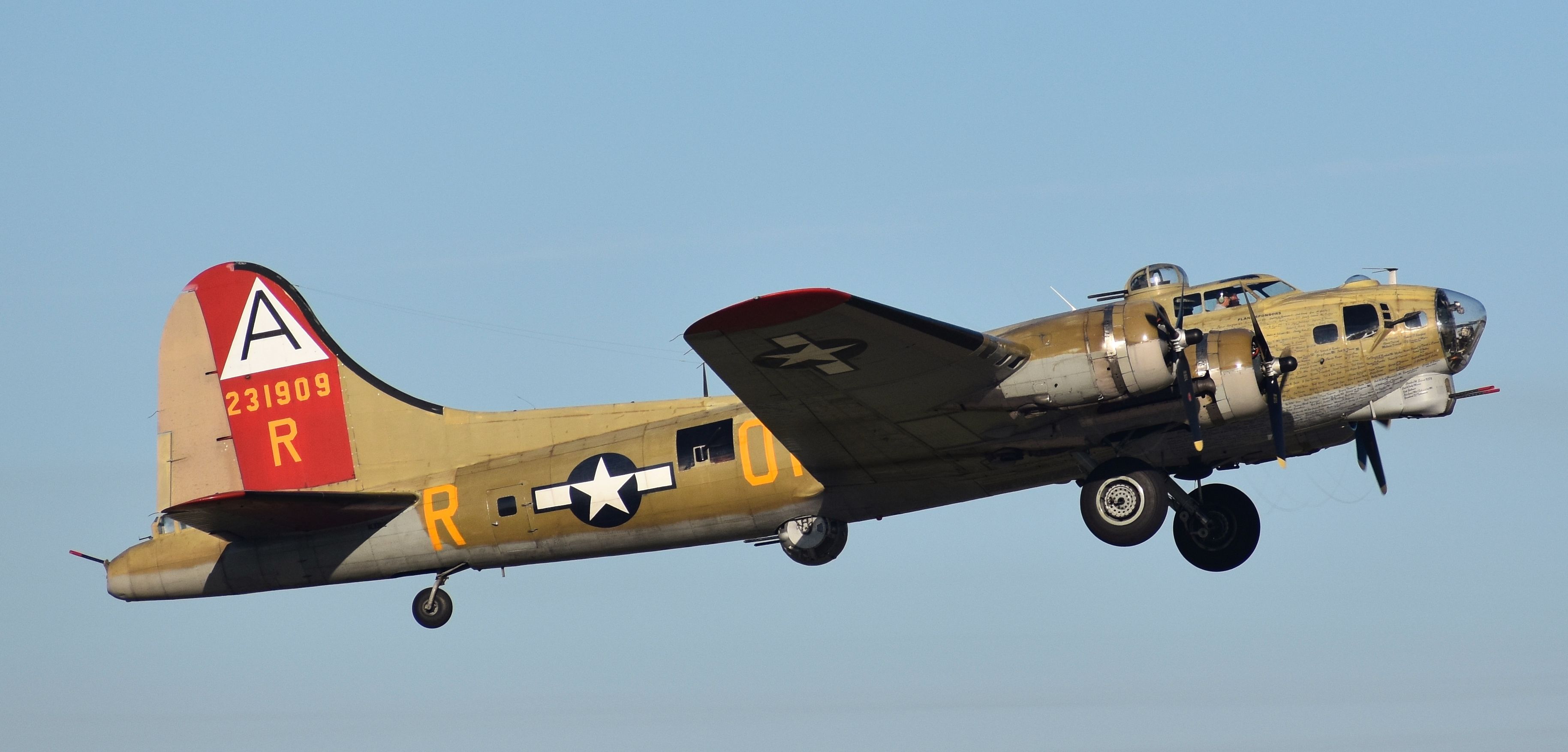 Boeing B-17 Flying Fortress (N93012) - God bless the Nine-O-Nine, her crew, and her pax. It was an honor to have her be the first B-17 I ever "met" decades ago, and the only B-17 I've ever flown. Holding those who were lost in the light. Climbing out of RDU in October of 2017, off to her next stop.  Eternal blue skies to all.