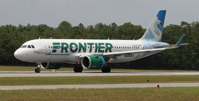 Airbus A320 (N324FR) - "Summer the Swan," an Airbus A320-251N, rolling down Runway 26 for takeoff from Pensacola International Airport, FL - June 7, 2019.