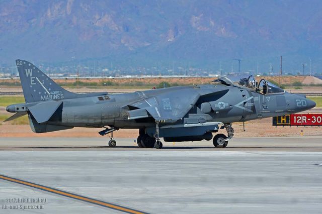 16-3883 — - Marine Corps McDonnell-Douglas AV-8B Harrier BuNo 163883 of VMA-214 Black Sheep based at Marine Corps Air Station Yuma at Phoenix-Mesa Gateway Airport on August 27, 2017. It is powered by a 23,500 lbf Rolls-Royce F402-RR-408 (Mk 107) vectored-thrust turbofan.