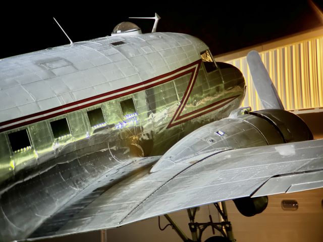 Douglas DC-3 (N472AF) - KHUF’s resident DC-3 under the night sky. br /br /This aircraft is 1944 Douglas (DC3C-S1C3G) CC-129 Dakota, SN 13485, owned/operated by Vintage Wings Aircraft LLC. 10/5/22. 