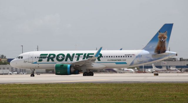 Airbus A320neo (N329FR) - We saw "Trixie The Fox" again and I was able to get some better quality photos. Taxing at MIA on the morning of the 8th of July, 2018. This is a fairly new airplane and it has been in service since the 13th of April, 2018.
