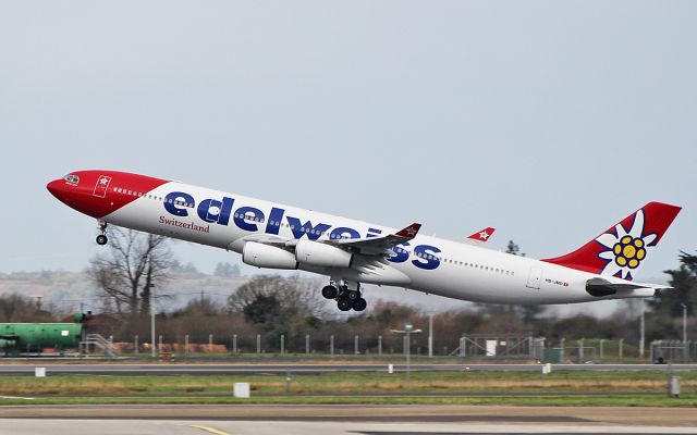 Airbus A340-300 (HB-JMD) - edelweiss air a340-313 hb-jmd dep shannon for zurich after diverting from san jose 16/2/19.