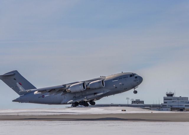 ZZ-173 — - Taking off on runway 13 on April 9, 2015, this McDonnell Douglas C-17A Globemaster lll is a common visitor to Gander, with the RAF having a military presence here since 1940.
