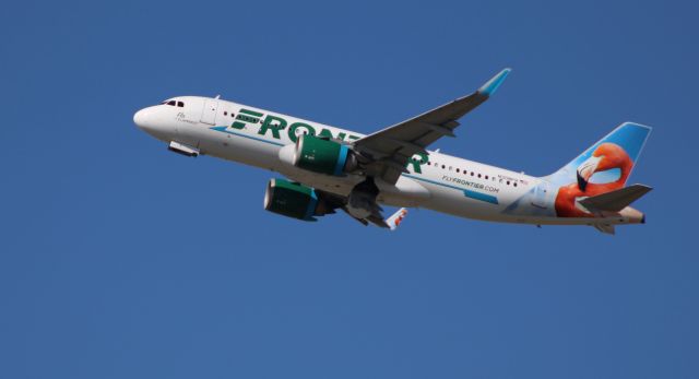 Airbus A320neo (N308FR) - Shortly after departure is this 2017 Frontier Airlines Airbus 320-251N with "Flo" the Flamingo on the tail from the Winter of 2021.