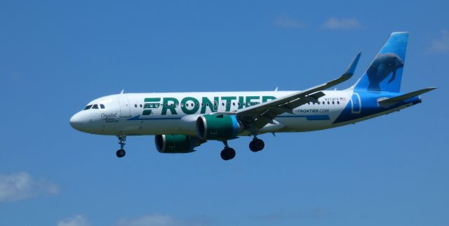 Airbus A320neo (N374FR) - On short final is this 2021 Frontier Airlines Airbus 320-251N.  "Crystal" the  Manatee looking on from the Spring of 2022.