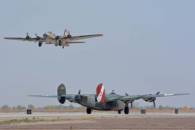 Consolidated B-24 Liberator (N224J) - Collings Foundation Consolidated B-24J Liberator N224J Witchcraft and Boeing B-17G Flying Fortress N93012 Nine-O-Nine at Phoenix-Mesa Gateway Airport on April 15, 2016.