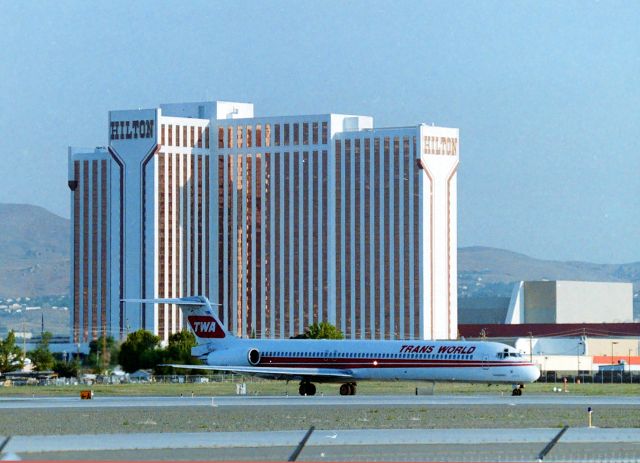 McDonnell Douglas MD-82 (N954U) - KRNO - Long before this became GSR - Gary Schenauer Resorts, this Hotel Casino started out as the MGM Grand Hotel many years ago, FF to 2021 and now seen frequently in Gman Gary Schenauer's great photo postings at Reno. This photo taken approximately June 1995 from the old dirt field parking area on the east side of the Runway. Now we get to see Gman's great photos from inside the ramp and awesome take off and landing pics of anything with a wing. This MD-82 was most likely headed to St Louis-STL on this early morning departure. LN 1399.