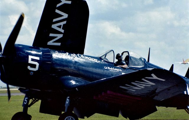 N5215V — - Southwest Airlines departs KHRL signaling the continuation of a Confederate Air Force air show in the early '80s. Merle Gustafson was one of the first off in his F4U-4 "Angel of Okinawa".