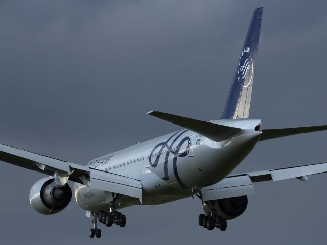 Boeing 777-200 (HZ-AKA) - Tail view of the Saudia B777-200ER with the Skyteam Livery.