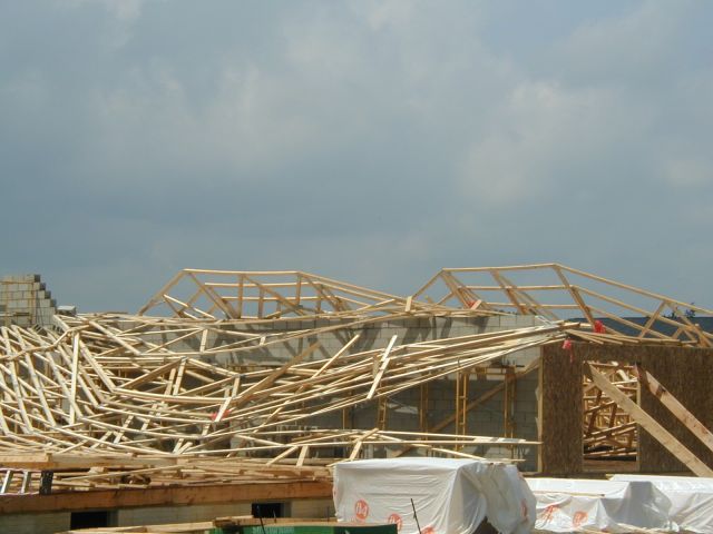 — — - This is the reason MedFlight Ohio landed at my house.  An over zealous crane operator swung one of the rafters into another and they all came down.  1 roofer broke his back.