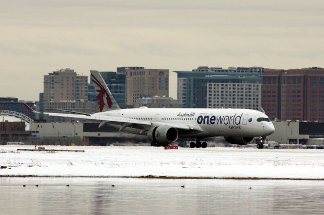 Airbus A350-900 (A7-ALZ) - Qatar A350-900 in One World livery arriving to a snowy Boston Logan Airport on 2/14/21.