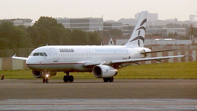 Airbus A320 — - A320 Aegean in Holding point :Papa7 and clear For departure RWY 01 @ EBBR