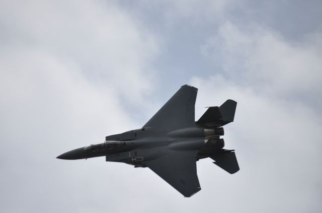 AFR89474 — - F-15E SJ 89-474 DEMO TEAM over former Roosevelt Roads NAS at Ceiba, Puerto Rico. Jet belong to 4th. FW, Seamur Johnson AFB, NC USA