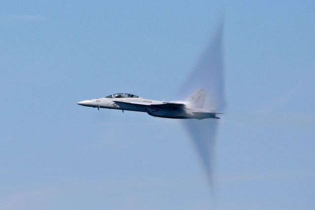 McDonnell Douglas FA-18 Hornet (16-5797) - Another shot of a US Navy Boeing F/A-18F Super Hornet, VFA-106 Gladiators, from my archives. I had the best seat in the house from atop the air traffic control tower as the F/A-18F was screamed past me just below the speed of sound and created a shock wave and vapor cone seen only for a split-second on 1 Sep 2008 at the Cleveland National Air Show.