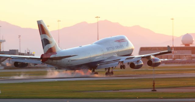 Boeing 747-400 (G-CIVJ) - British Airways Speedbird G-CIVJ 747-436 sunset arrival at YVR runway 26R. View # 2 smokin the mains ;)