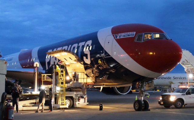 BOEING 767-300 (N36NE) - Patriots 767-300 at dusk on the cargo ramp at BUF