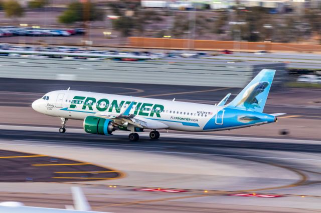 Airbus A320neo (N382FR) - Frontier Airlines A320 neo "Sonny the Lemon Shark" landing at PHX on 11/30/22. Taken with a Canon 850D and Tamron 70-200 G2 lens.