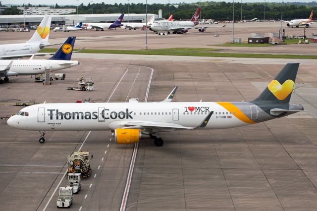 Airbus A321 (G-TCDM) - M for Manchester.  After the recent terrorist bomb attack at the Ariana Grande concert in Manchester, this aircraft had the "I love Manchester" logo applied.  TCX1009 arrives from PMI.