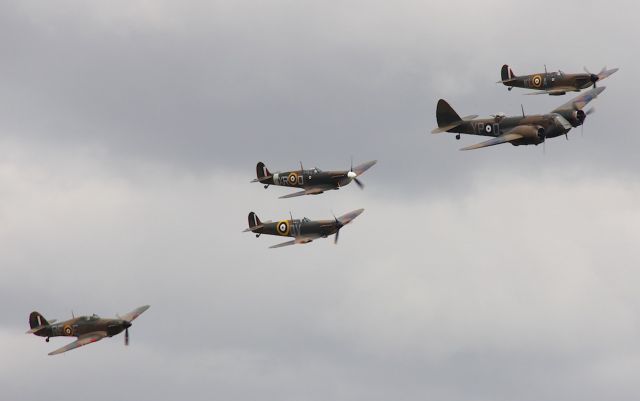 G-BPIV — - Bristol Blenheim Mk.I, leading the formation with Spitfires and Hurricane.br /Duxford, UK.br /Photo: 11.07.2015