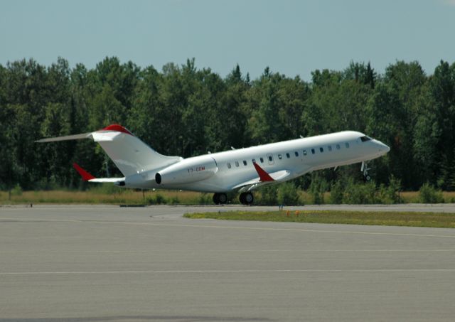 Bombardier Global Express (T7-GQM) - 2006 Bombardier BD-700-1A10 Global Express (Serial: 9189) departing Peterborough Airport (July 19, 2018). This aircraft is registered in San Marino.