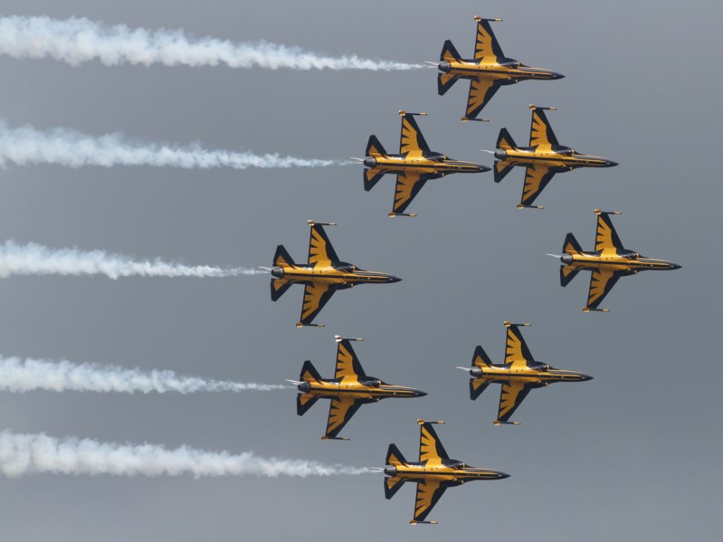 — — - The Korea Air Force, Black Eagles Aerobatic Jet Display Team make their European debut at RIAT 2012, flying the T-50B supersonic advanced trainers.