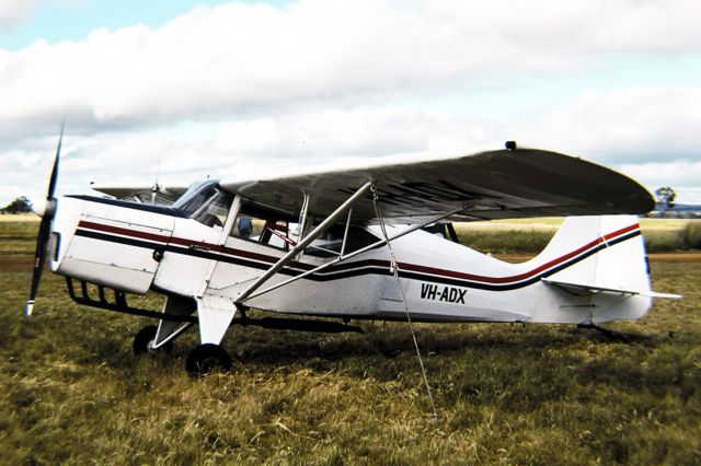 Cessna Skyhawk (VH-ADX) - AUSTER J-5 CIRRUS AUTOCAR - REG : VH-ADX (CN 2982) - WANGARATTA VIC. AUSTRALIA - YWGT (12/8/1979) 35MM SLIDE CONVERSION USING A LIGHTBOX AND A NIKON L810 DIGITAL CAMERA IN THE MACRO MODE.