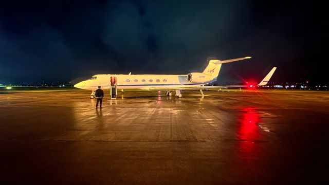 Gulfstream Aerospace Gulfstream V (N95NA) - NASA's GV prepares to depart Glasgow EGPF after a brief refueling and crew swap, heading home with astronaut, Frank Rubio, from his 371 days in space.