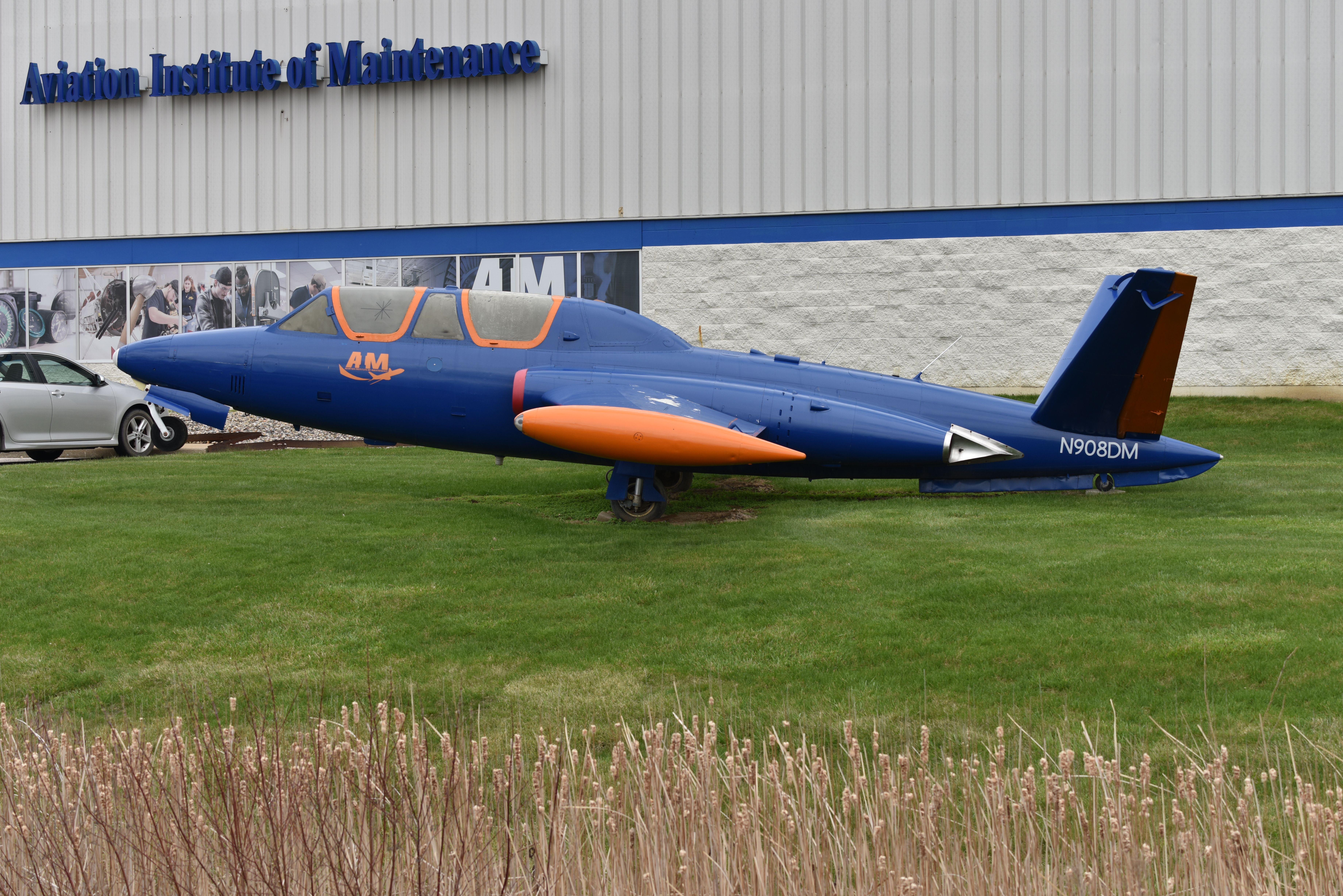 VALMET Magister (N908DM) - 1960 Build Fouga CM-170 Magister. 03-26-24 Outside the Aviation Institute of Maintenance in Indianapolis.