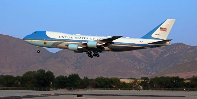 Boeing 747-200 (82-8000) - With the fall election less than two months away, President Trump is on the campaign trail, and yesterday he visited northern Nevada. Air Force One (82-8000, a VC-25) is passing over the overrun as it is about to land on 34L at 6 PM, Sep 12, 2020.