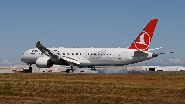 Boeing 787-9 Dreamliner (TC-LLE) - BOE225 makes tire smoke on landing on Rwy 34L to complete a B1 flight on 9.2.19. (ln 899 / cn 65805).